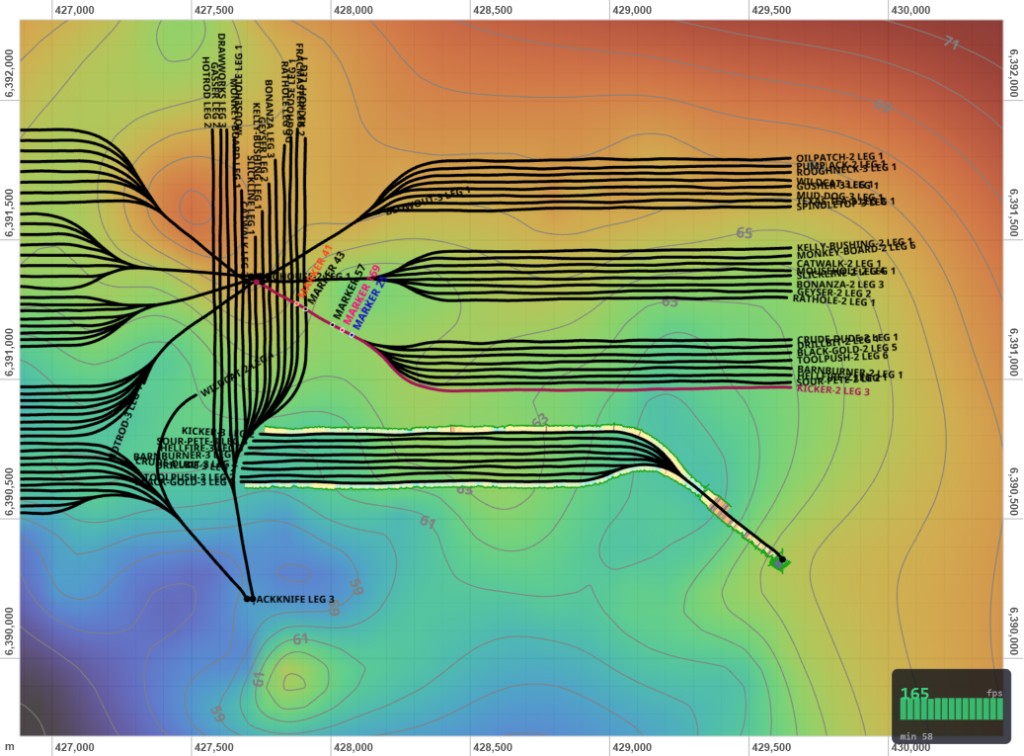 Map view: structural contour grid, well trajectories, and labelled laterals